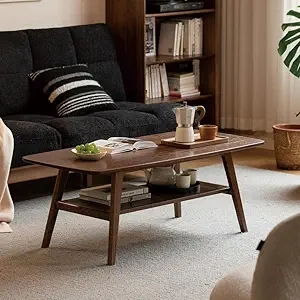 Solid Oak Coffee Table with Storage - Mid Century Modern 47" Walnut Finish