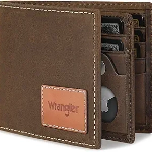 Wrangler Men's Genuine Leather Bifold Wallet with AirTag Holder & RFID Blocking