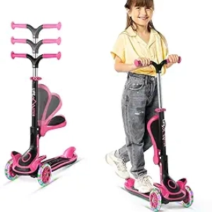 3-in-1 Kids Scooter with LED Light-Up Wheels, Foldable Seat & Adjustable Handlebar