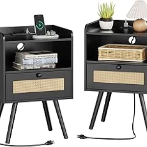 SUPERJARE Nightstands with Charging Station - Set of 2 Bedside Tables with USB & Power Outlets