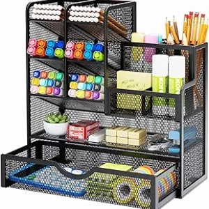 Marbrasse Mesh Pen Holder for Desk - Multi-Functional Pencil Organizer with Drawer