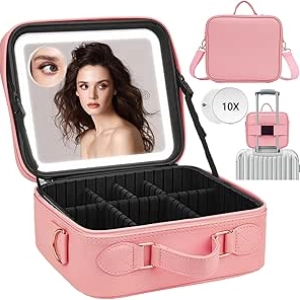 Lighted Makeup Travel Case with Adjustable Dividers & LED Mirror