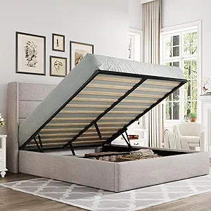 Allewie Queen Size Lift Up Storage Bed with Wingback Headboard - Modern Design
