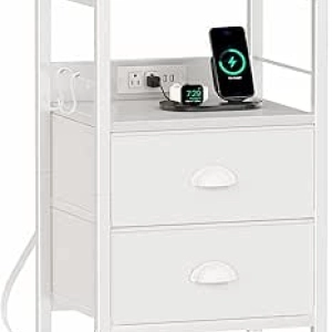 White Nightstand with Charging Station, USB Ports & Fabric Drawers