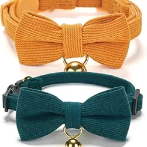 Adjustable Soft Corduroy Cat Collars with Breakaway Clasp & Removable Bow Tie (2 Pack)