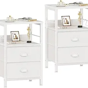 Furologee White Nightstand Set of 2 - Bedside Table with Drawers & Hooks