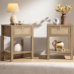 SICOTAS Rattan Nightstand Set of 2 - Bohemian Bedside Table with Drawer & Storage