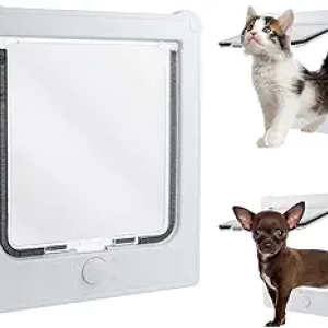 Large 4-Way Locking Cat Door for Interior & Exterior Doors - 10.8" White Cat Flap Up to 25lb