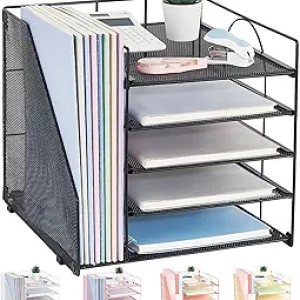 5-Tier Black Desk Organizer with File Holder - Office Paper Letter Tray