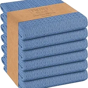 TWINY Threads Blue Waffle Kitchen Towel 6 Pack - 100% Cotton, Ultra Absorbent