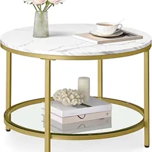 Modern Round Coffee Table with Faux Marble Top & Glass Shelf - VASAGLE