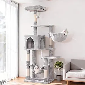 Hey-brother Multi-Level Cat Tree with Hammock & Sisal Scratching Posts - Light Gray