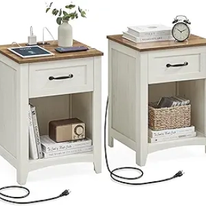 VASAGLE LIRY Farmhouse Nightstands with Charging Station - Set of 2 Bedside Tables