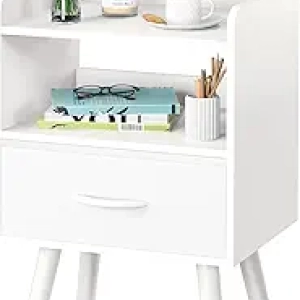 Modern Nightstand with Drawer & Open Shelf - Mid Century Bedside Table