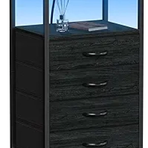 LED Nightstand with Charging Station & RGB Lights - Black Bedroom Bedside Table