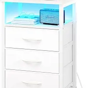 LED Nightstand with Charging Station & USB Ports - White Bedside Table