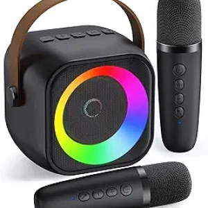 Portable Bluetooth Karaoke Machine with 2 Wireless Microphones & Party Lights
