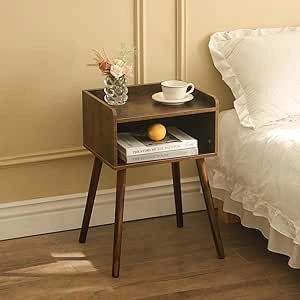 Mid Century Modern Nightstand with Storage - Rustic Brown End Table for Bedroom