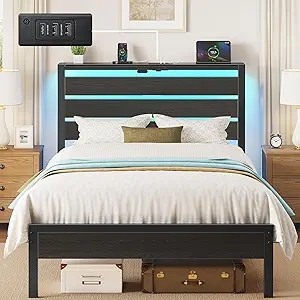 Twin Size Metal Platform Bed with USB Charging, LED Lights & Storage Headboard