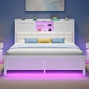 Full Size Bed Frame with Charging Station, LED Light & Storage Headboard