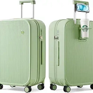 24 Inch Avocado Green Hard Shell Luggage with Cup Holder & Phone Holder | TSA Lock