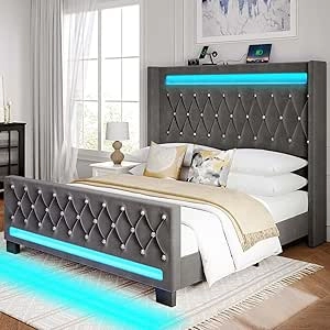 Queen Bed Frame with LED Light & USB Charging Station | Rolanstar Velvet Upholstered Bed
