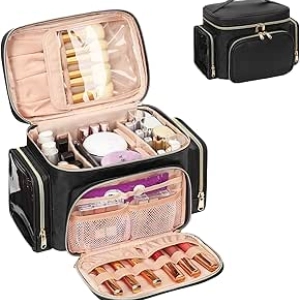 Large Makeup Bag Organizer for Travel - Black Cosmetic Bag with Brush Compartment