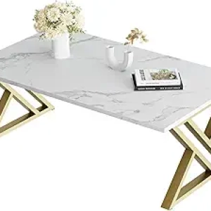Modern White Marble Coffee Table with Gold Metal Frame | Living Room Center Table
