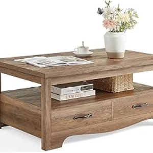 Farmhouse Coffee Table with Storage Drawers - LINSY HOME Wood Table for Living Room