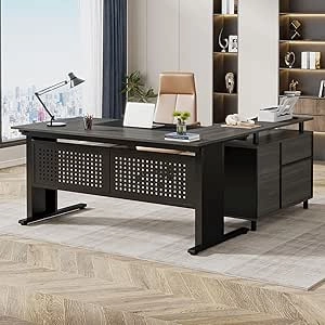 63 Inch L Shaped Executive Desk with File Cabinet - Home Office Workstation