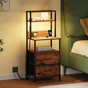 Furnulem Tall Nightstand with Charging Station, LED Light & 4-Tier Shelves
