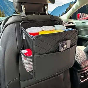 Premium Car Seat Organizer with Trash Can - 2.14 Gallon Capacity, PU Leather Backseat Storage