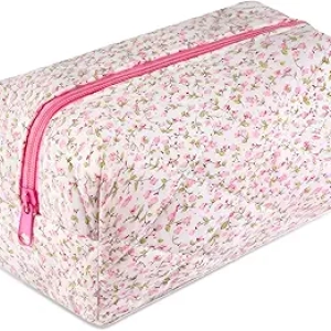 Quilted Floral Makeup Bag Large - Cute Pink Cosmetic Organizer for Travel