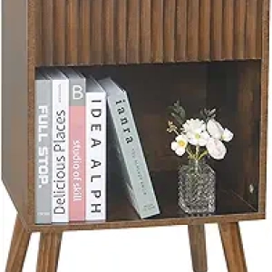 Mid Century Modern Nightstand - Wood Bedside Table with Storage & Fluted Drawer