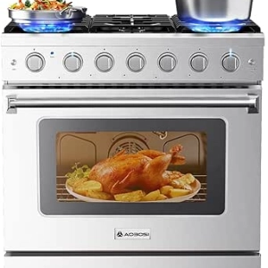 AAOBOSI 36 Inch Gas Range Oven - 6 Burners, Convection, Self-Clean Stainless Steel