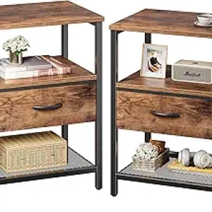 Huuger Nightstand Set of 2 - Industrial Fabric Drawer Side Table with Mesh Shelf