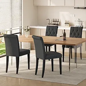 Set of 4 Button Tufted Upholstered Dining Chairs - Black Parsons Chair with Wood Legs