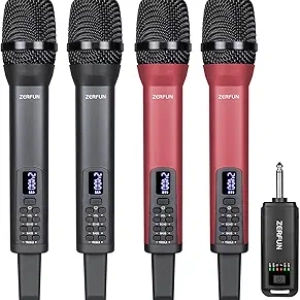 4 Rechargeable Wireless Microphones Pro System - Karaoke & Church with Echo Bass Control