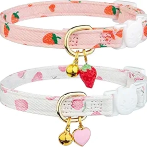 2 Pack Cotton Breakaway Cat Collar with Bell - Pink Strawberries & White Heart Design