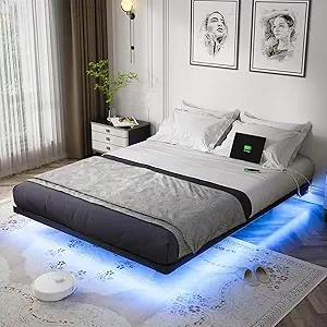 OLEVS Queen Floating Bed Frame with Smart LED Lights & USB Charging Station