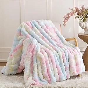 Rainbow Faux Fur Throw Blanket 50x60 - Ultra-Soft Plush Fleece for Couch & Bed