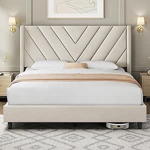Queen Bed Frame Upholstered with Wing Headboard & Wooden Slat Support - Beige