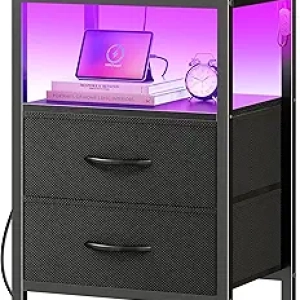 Smart Nightstand with Charging Station & LED Lights - 2 Drawer Bedside Table