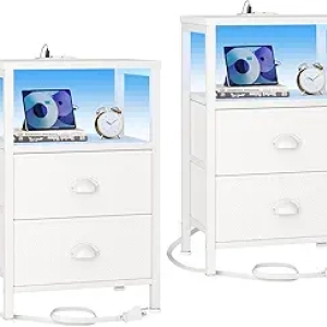 White Nightstand Set of 2 with Charging Station, LED Lights & Fabric Drawers