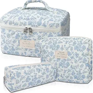 Blue Floral Quilted Makeup Bag Set - Large 3-Piece Cosmetic Organizer for Women