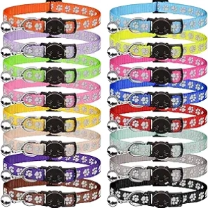 16 PCS Breakaway Cat Collars with Bells & Reflective Paw Prints - Safety Kitten Collar Set