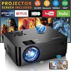 5G WiFi 1080P Native Projector with Screen - 18000LM Home Theater Projector