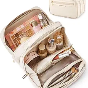 BAGSMART Travel Makeup Bag with Multiple Compartments - Beige Cosmetic Organizer