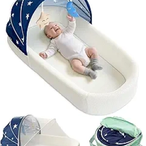 Extra Large Portable Baby Lounger Nest - Travel Bassinet with Canopy & Mosquito Net