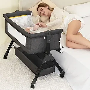3-in-1 Bedside Bassinet with Wheels, Mosquito Net & Adjustable Height
